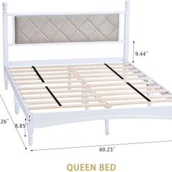 Queen Bed Frame with Fabric Upholstered Headboard, Solid Rubber Wood Foundation , Rustic Oak/White