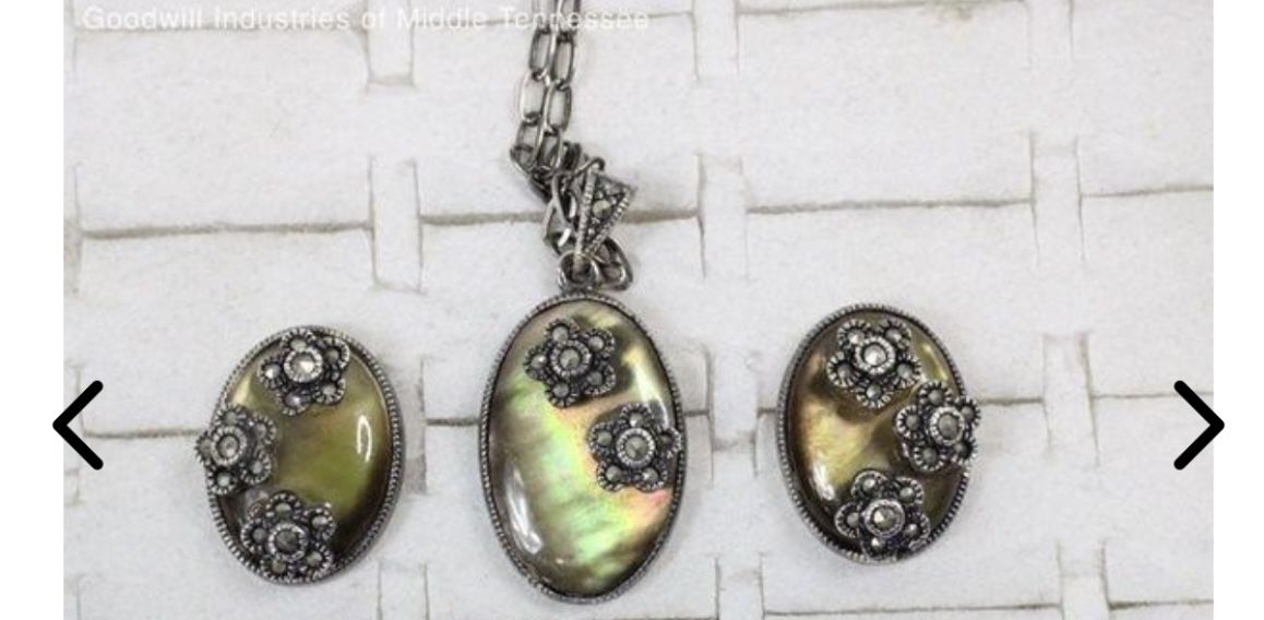 Sterling Silver Cable Chain Abalone & Marcasite Jewelry Pendant Earrings Set. Very Nice