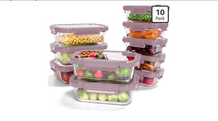 10-Pack Glass Food Storage Containers with Tempered Glass Lids – Borosilicate, Airtight, Oven-Safe (-4°F~950°F), BPA-Free, 4.4 & 1.6 Cup, Leak-Proof, 