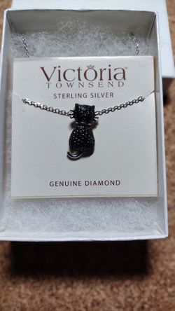 .925 Sterling Silver With Genuine Black Diamond Cat Necklace 16 In
