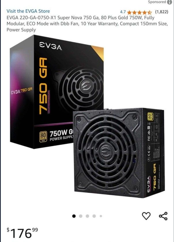 EVGA 220-GA-0750-X1 Super Nova Gold 750W Computer Power Supply Desktop PC