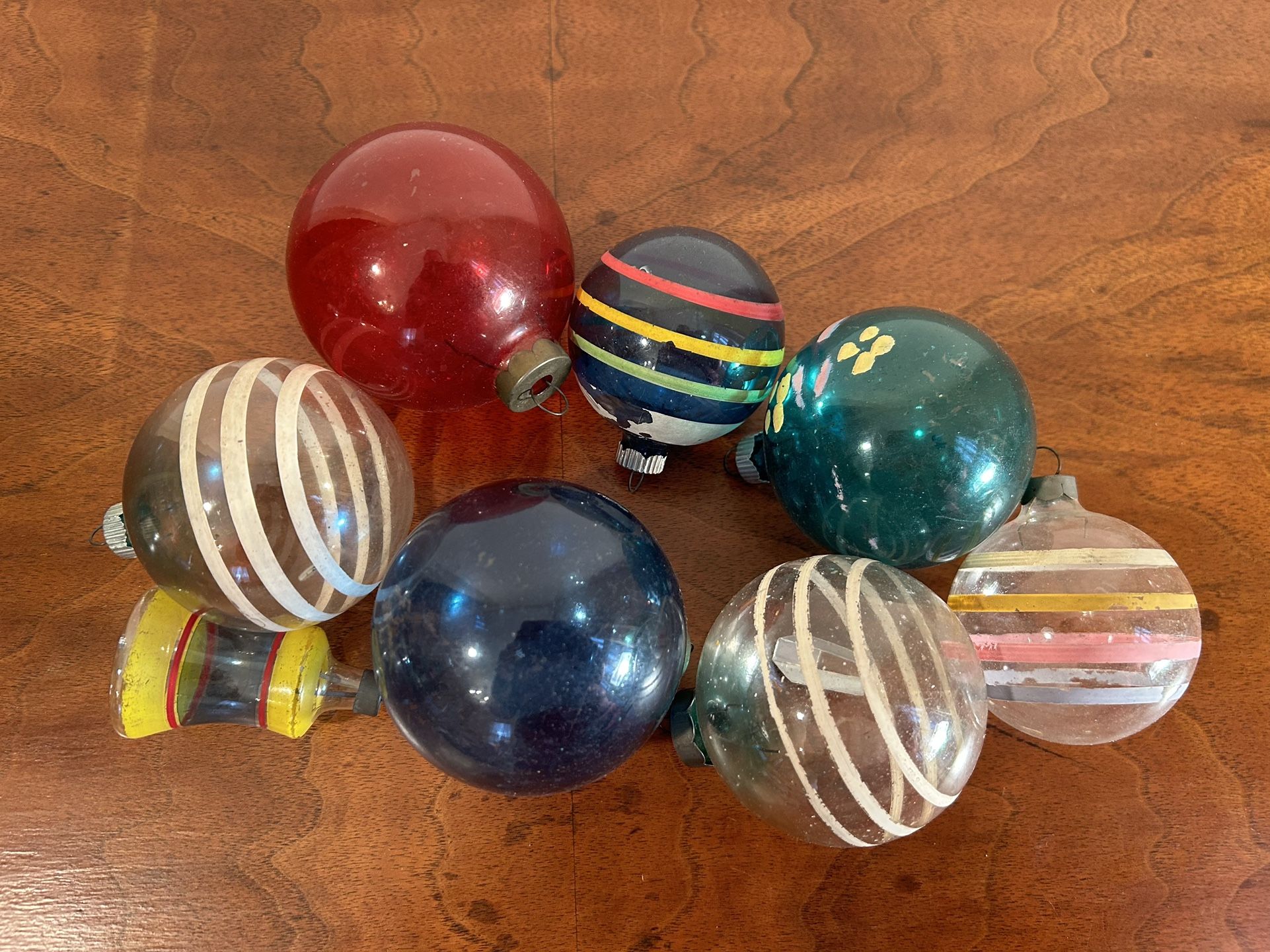 Vintage lot of 8 unsilvered Christmas ornaments - stripes, bell