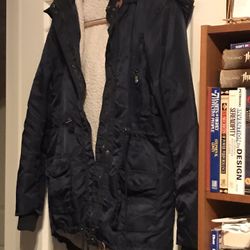 Forever 21 Large Hooded Jacket W Fur Trim Navy Blue