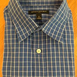 Mens Banana Republic S/S Blue-Check Dress Shirt Size S
