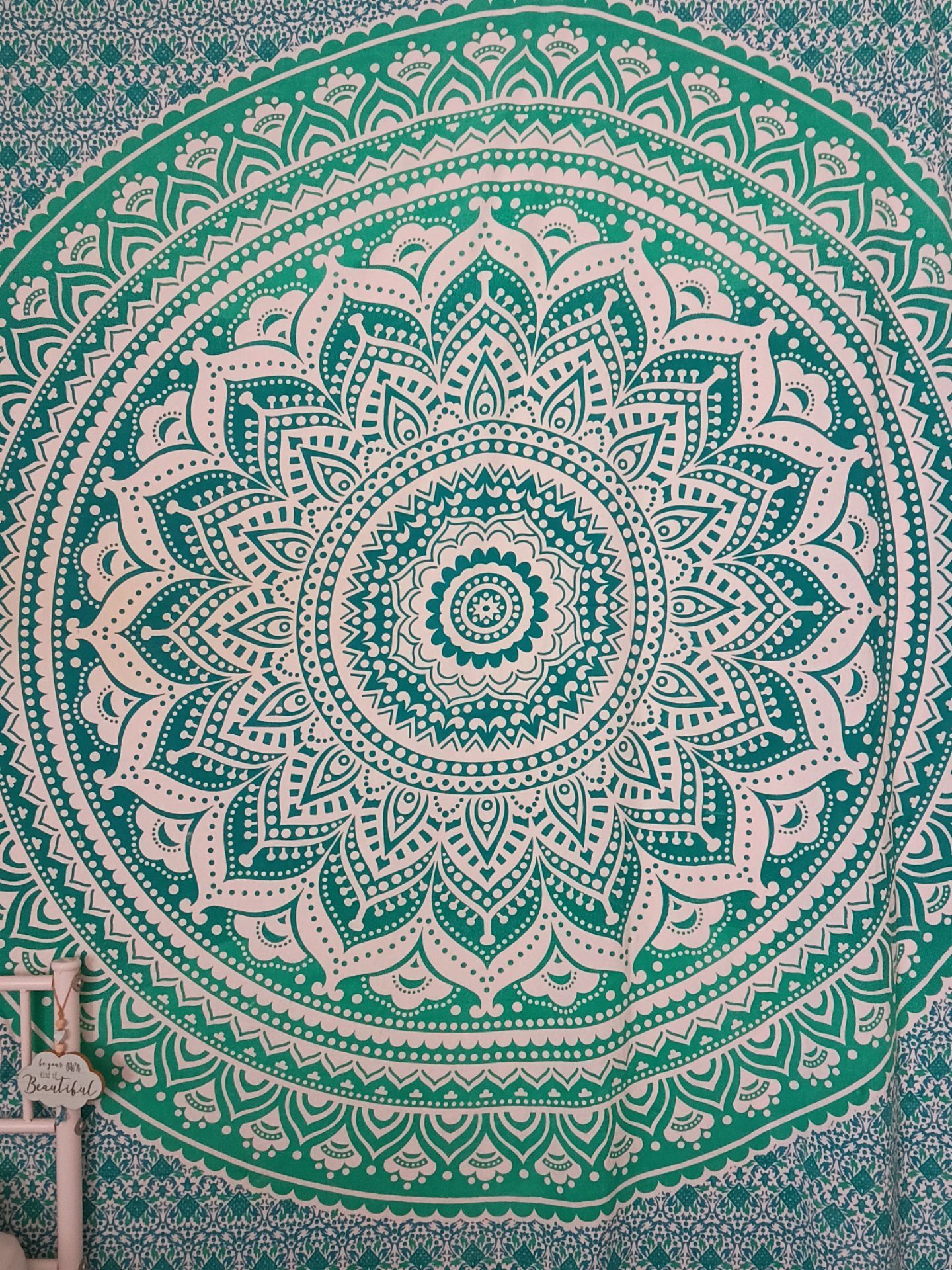 large light blue and white wall tapestry