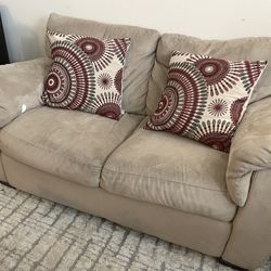 Tan / Biege Loveseat Sofa Couch + 2 Pillows