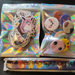 Pokemon Stickers,Snap On Bracelets,Pins lot of 124 