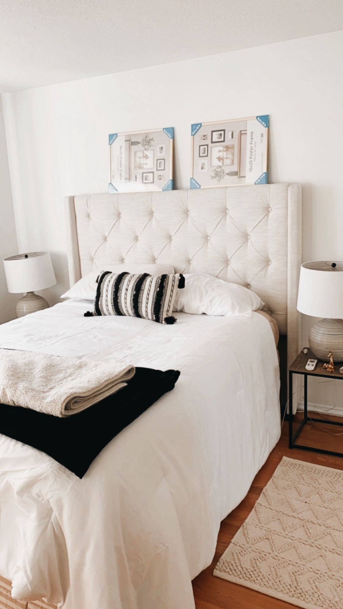 Queen Beige Tuffed Headboard, Mattress And Box spring.