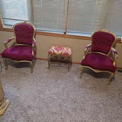 2 royal velvet burgundy chairs &ottoman