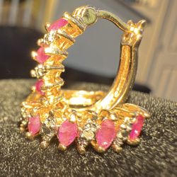 A Fabulous Pair of Ross -Simons Sterling Silver Vermeil Marquis Cut Ruby and Diamond Huggie Earrings.