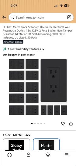 ELEGRP Matte Black Standard Decorator Electrical Wall Receptacle Outlet, 15A 125V, 2 Pole 3 Wire, Non-Tamper Resistant, NEMA 5-15R, Self-Grounding, Wa