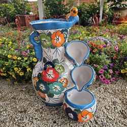 Turquoise Talavera Water Fountain. Clay Pots, Planters,Pottery,Plants.