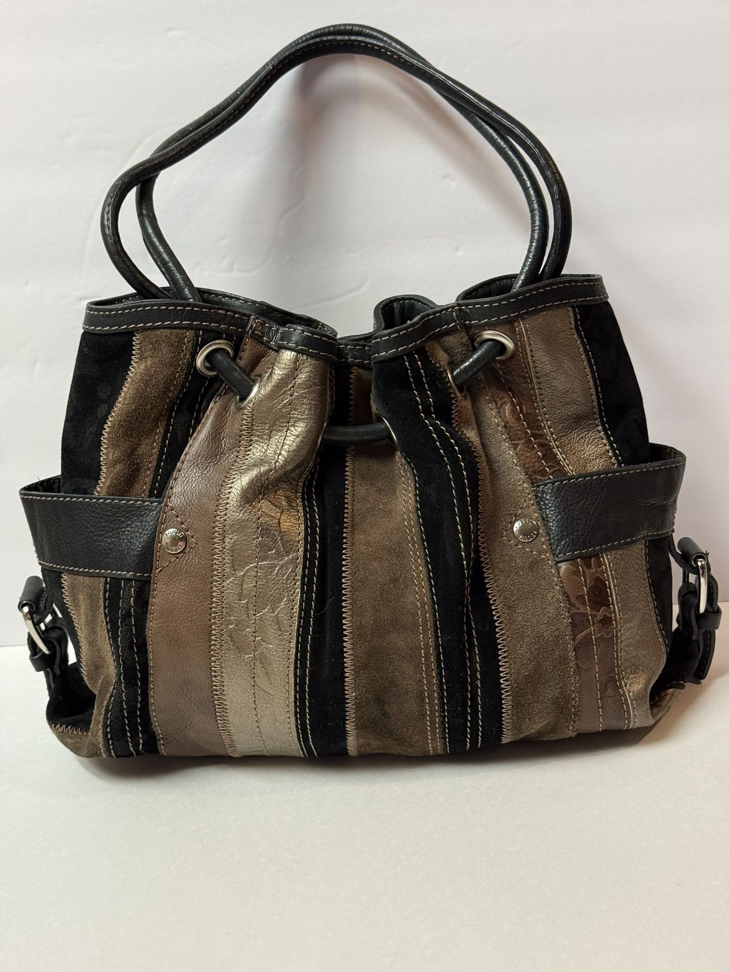 FOSSIL Suede Leather Patchwork Hobo Shoulder Bag Purse-Brown/Black