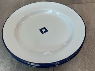 Set Of 8 Williams Sonoma Enamelware western themed Blue White Star 10" Metal Dinner Plates