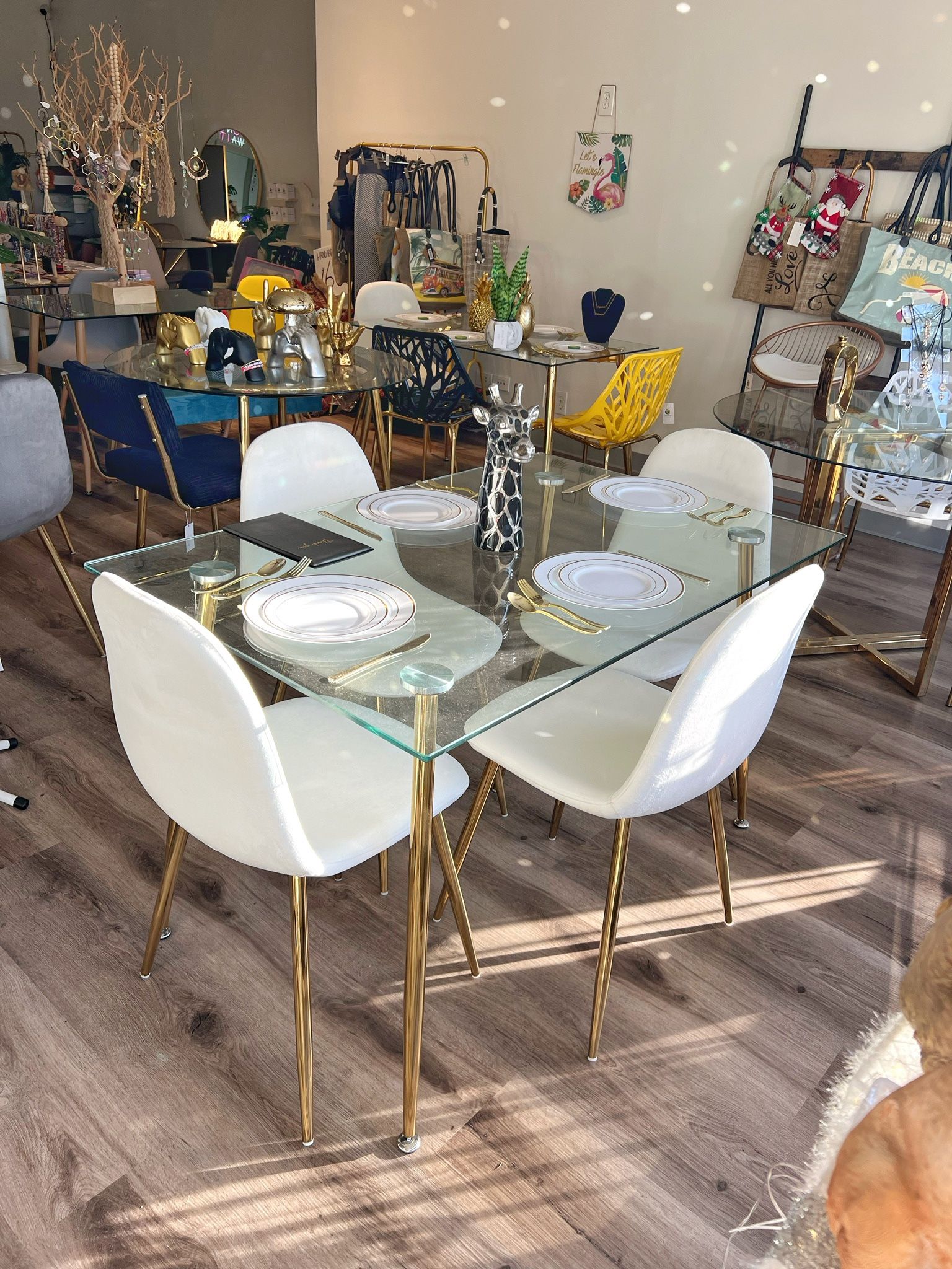 Gold Glass Rectangle Dining Table And 4 Cream Velvet Chairs 