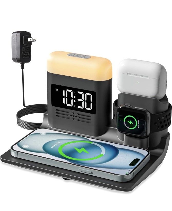 Wireless Charging Station for Apple Devices, Wireless Charger 5 in 1 Charging Station for Multiple Devices, Alarm Clock with Wireless Charging for iPh