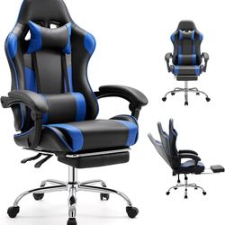Ergonomic Gaming Office Desk Chair with Linkage Armrests for Adults, Height Adjustable Computer Chair with Footrest and Headrest, PU Leather 360° Swiv