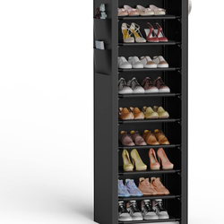 VTRIN Vertical Narrow Shoe Rack Organizer 10 Tier Tall Shoe Shelf Holds 20-22 Pairs with Non-Woven Dustproof Cover for Closet, Entryway Black