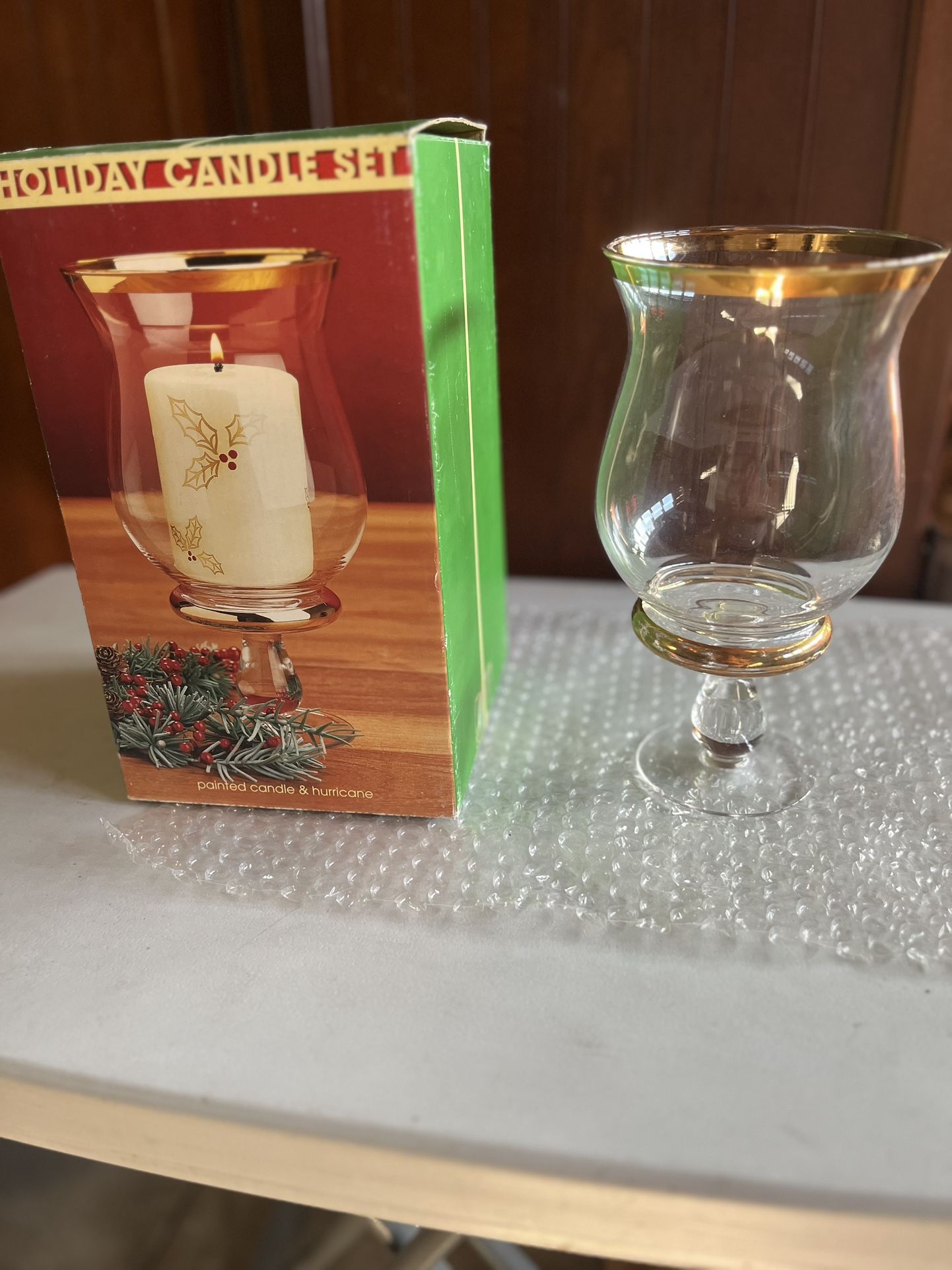 Beautiful  Holiday Candle Holder, Glass W/ Gold Accents