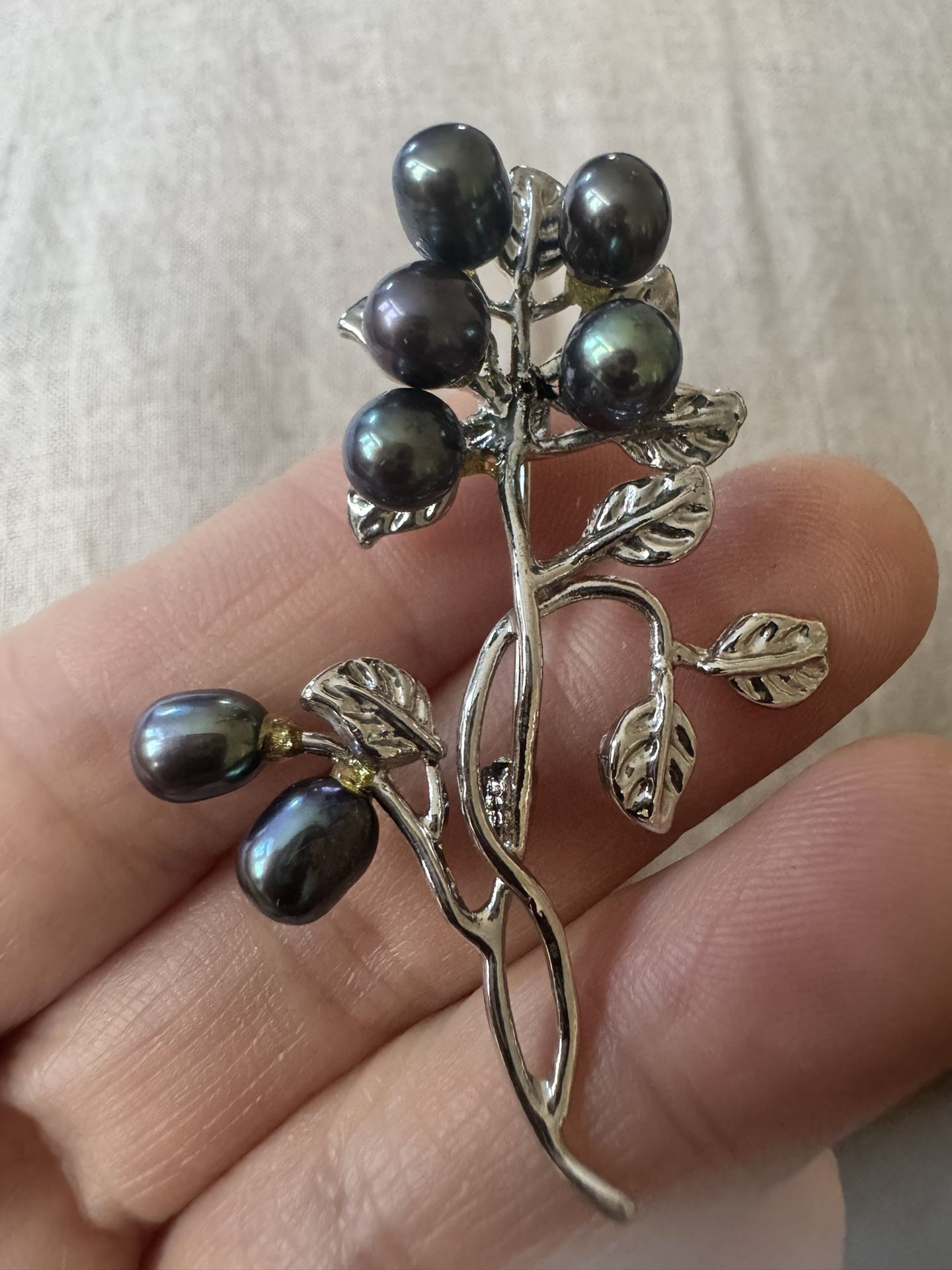 Silver Brooch With Black Pearls