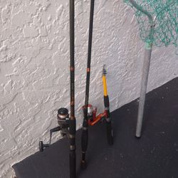 Shimano AX2000 Eclipse 6'6" rod, Telescopic Eagle 5'6" pole with eclipse reel, Eclipse 5'6" rod +fishing catch net 