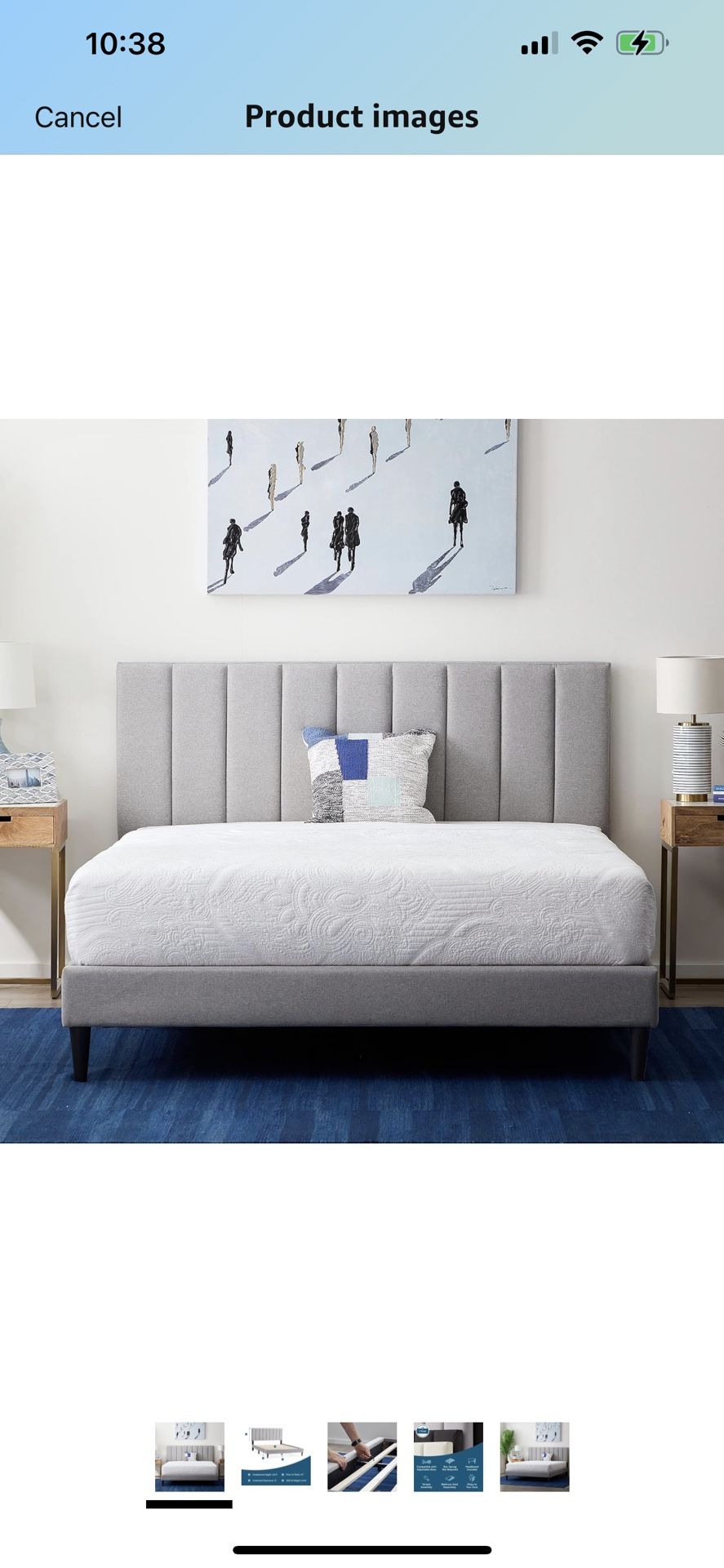Lucid Queen Bedframe with Vertical Channeled Headboard — Upholstered Platform Bed — Easy Assembly — Queen Size — No Box Spring Needed — Stone Color
