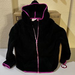 Black with Pink Trim Furry Hooded Jacket - Brand New  Size 12
