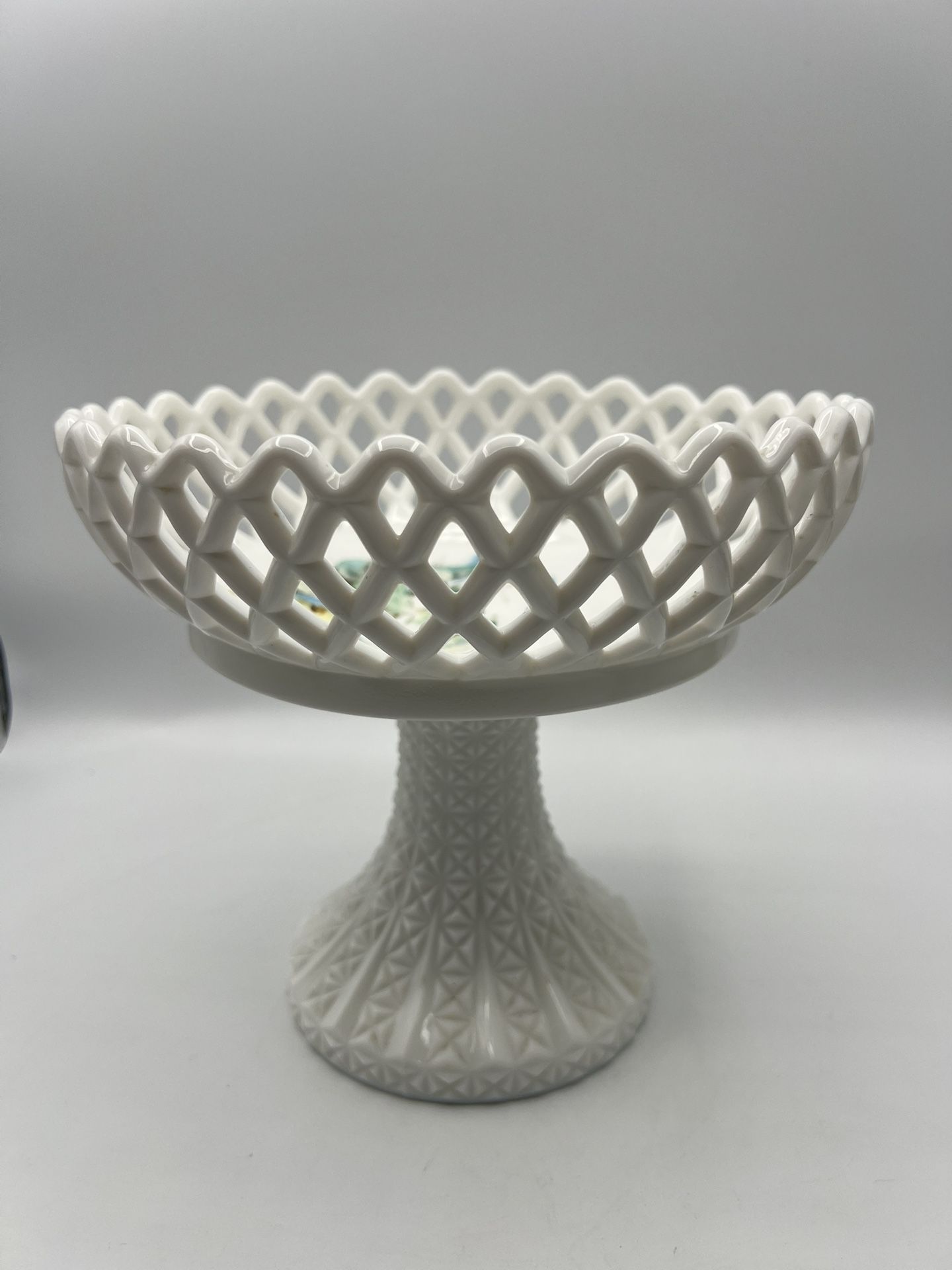 1890 Challinor Taylor Open Lace Footed Milk Glass Pedestal Compote Painted