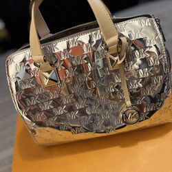 Michael Kors Metallic Silver Satchel with Tan handles