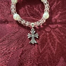 Elegant Pink Glass Beads and Silver Cross Charm Bracelet