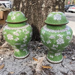 2 Asian Chinese Chinoiserie Cloisonné Ginger Jars. Green & White Enamel With Blue Interiors.  Beautiful Antiques Stamped CHINA. Good Condition. PAIR! 