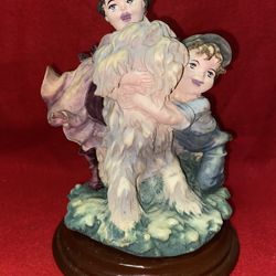 8 Inch Painted Alabaster Boy & Girl With Dog Statue Imported From Greece