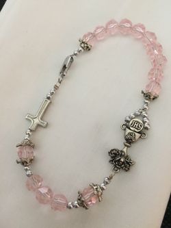 Pink Rosary bracelet with cross and Chalice charm