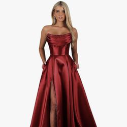 Strapless Corset Prom Dresses for Women with Slit Long Satin Formal Evening Gowns with Pockets-Burgundy-Size 4