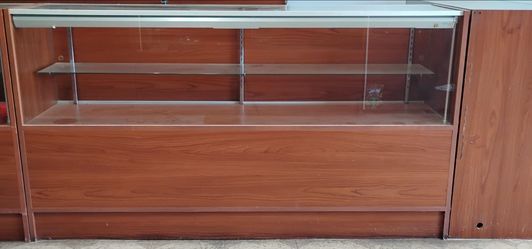 Shop display cases with lighting and  underneath storage  6 footers and 4 footers and sales podium also available $200 each slat board with glass shel