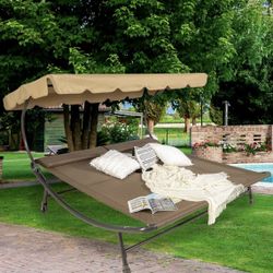 Double Chaise Lounge Bed with Adjustable Canopy and Pillow and Wheels