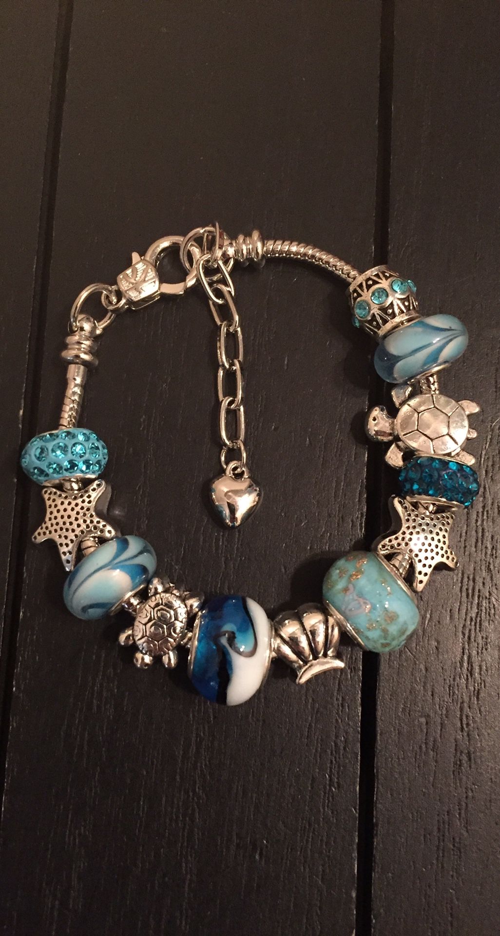 7” Ocean Wave 925 Silver Plated Charm Bracelet with Murano Glass Beads and Austrian Crystal Beads (seashell, turtle, starfish)