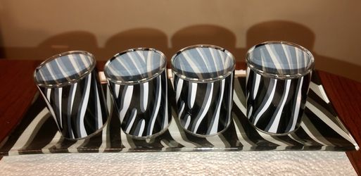 Zebra print glass candle holder set with tray