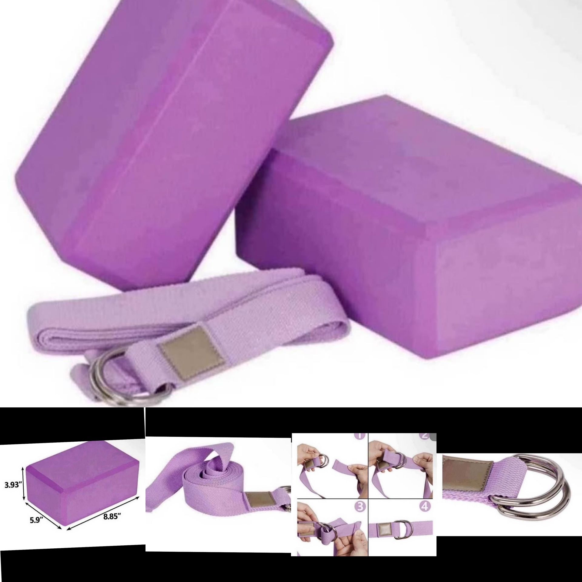 2 pack non-slip foam yoga blocks w/metal d-ringstrap 9x6x4