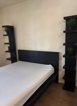 IKEA Queen bed frame and 2 shelf unit