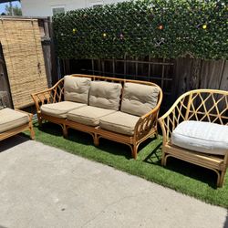 Vintage Bamboo Rattan Tiki Sofa And Chair Set 