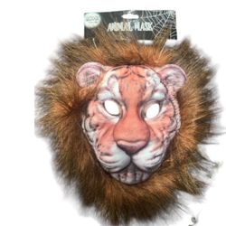 Lion Face Animal Halloween Mask with Brown faux hair one size