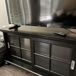 Solid Wood Black TV Stand With Shelves