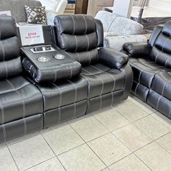 NEW BLACK 2pc RECLINING SOFA AND LOVESEAT WITH FREE DELIVERY