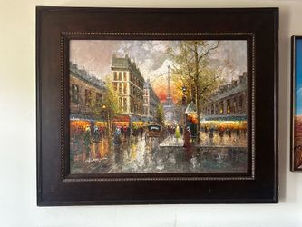 Large Framed Paris Street Scene Oil Painting – Signed “Albert”