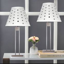 Set of 2 Modern Table Lamps 24.5" High with USB Outlet in Base Brushed Nickel with Fabric Shade with stars