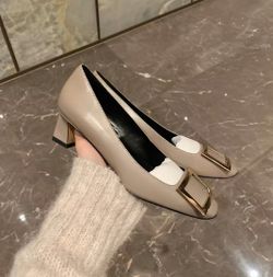 cream leather square toe pumps with gold buckle