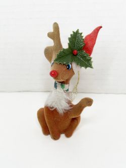 Vintage Flocked Rudolph the Red Nosed Reindeer Christmas Ornament