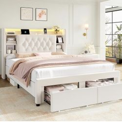 Queen Size Bed Frame with Drawers, Hidden-Cubby & Shelves Storage