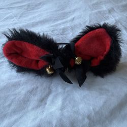 Gothic Black & Red Faux Fur Cat Ears Headband with Gold Bells & Satin Bow – Cosplay / Kawaii / Alternative Fashion